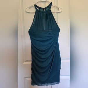 David's Bridal Teal High-Neck Midi Dress